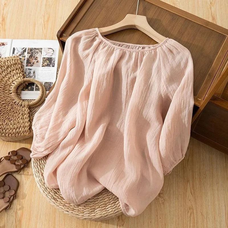 

Women's Cotton Linen Blend 3/4 Sleeve Blouse Loose Casual Round Neck Retro Top