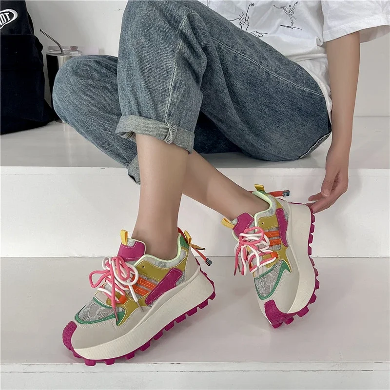 2024 New Round Toe Slope Heel Colored Sports Shoes Slim Fit Sweet Beauty Cross Lacing Casual Shoes Creative Women's Shoes