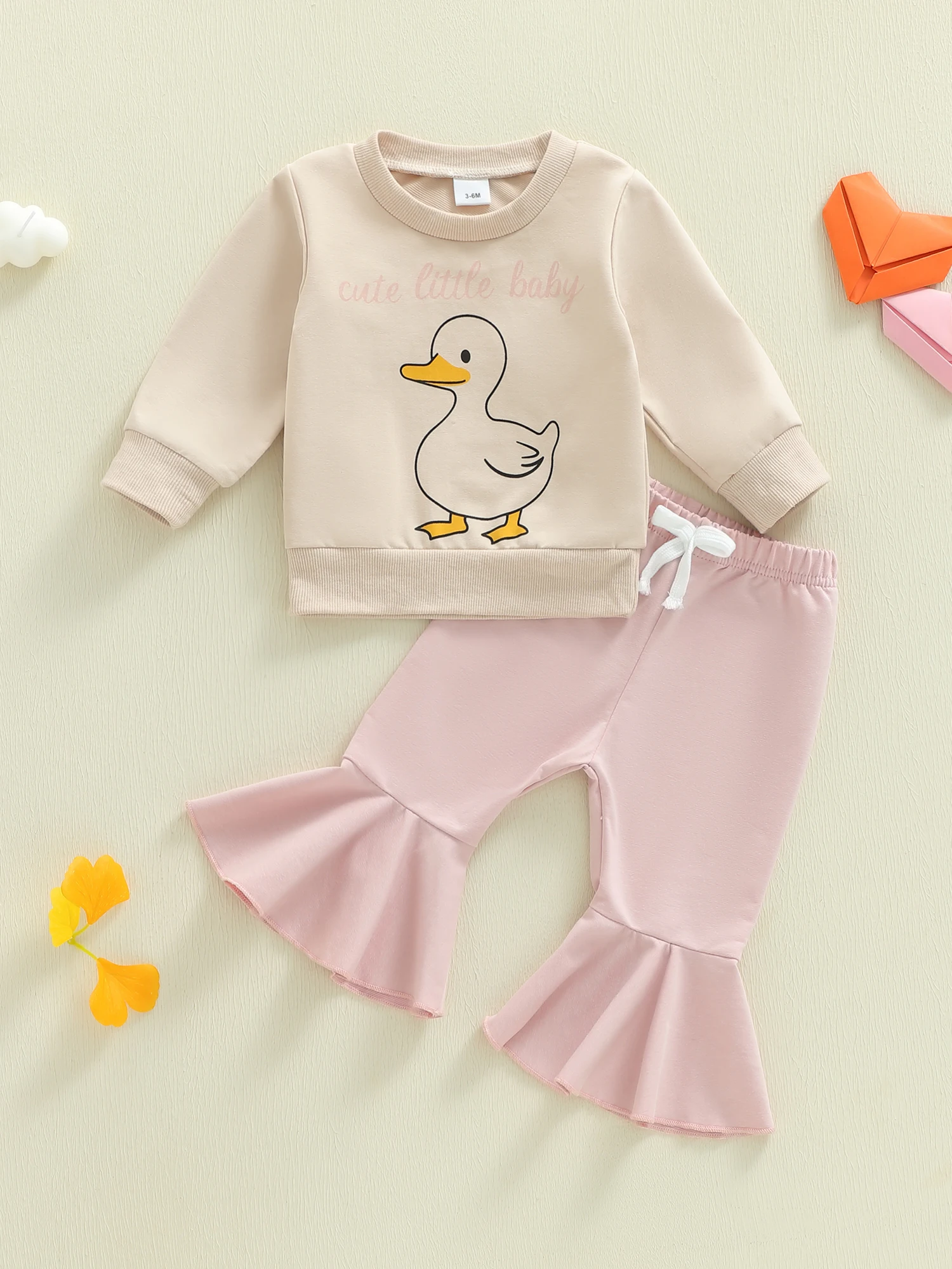 

Осенняя одежда для маленьких девочек, пуловер с милым принтом утки и расклешенные брюки, одинаковый комплект для маленьких девочек