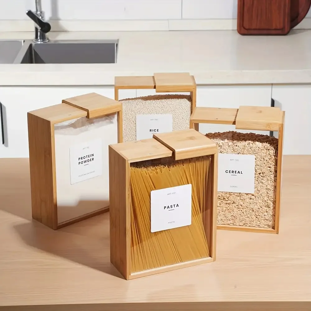 High Quality 101.44 Oz Bamboo Food Storage Box, M Storage Box with Slide Cover, Creative Wooden Food Storage Box with Slide Cover-Perfect for Pasta, Grains And So on | Reusable Rectangular Kitchen Food Storage Box