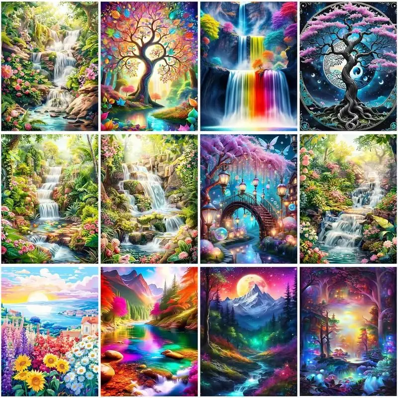 CHENISTORY  Full Square Diamond Painting Waterfall Landscape Diamond Embroidery Sale Stream Tree Mosaic Decorations For Home