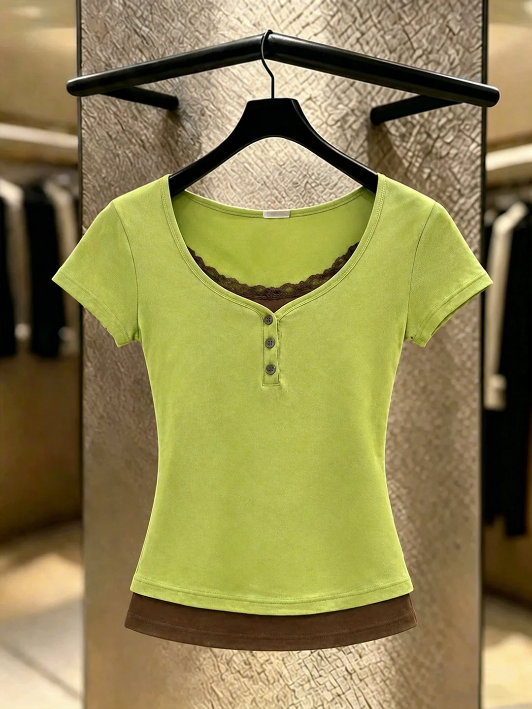 

Unique Design Lace Splice Short Sleeve T-Shirt Fake Two-Piece Stylish Commute Top Korean Style Straight Cut Summer Fashion