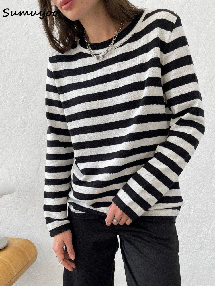 Sumuyoo Knitted Stripe Sweater Women 2022 Autumn Winter Loose Casual Thick Pullovers Female Warm Long-sleeved Round Neck Tops