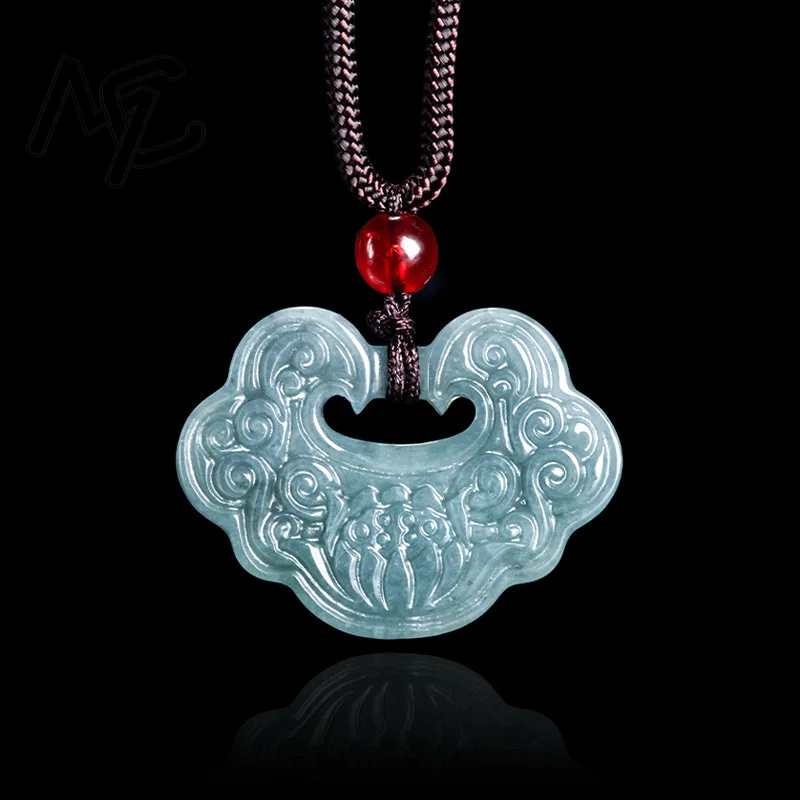 Real Natural Myanmar Emerald Blue Water Jade Lotus Lock Pendant Necklace Carved Charm Jewelry Fashion Amulet Gifts Certificate