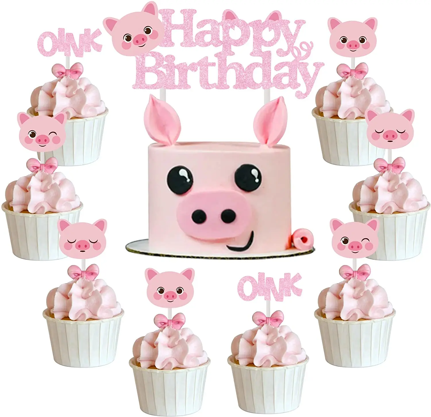 25Pcs Pig Theme Birthday Cake Toppers, Pink Pig Decorations, Girl Happy Birthday Cake, Piggy Birthday Party Supplies