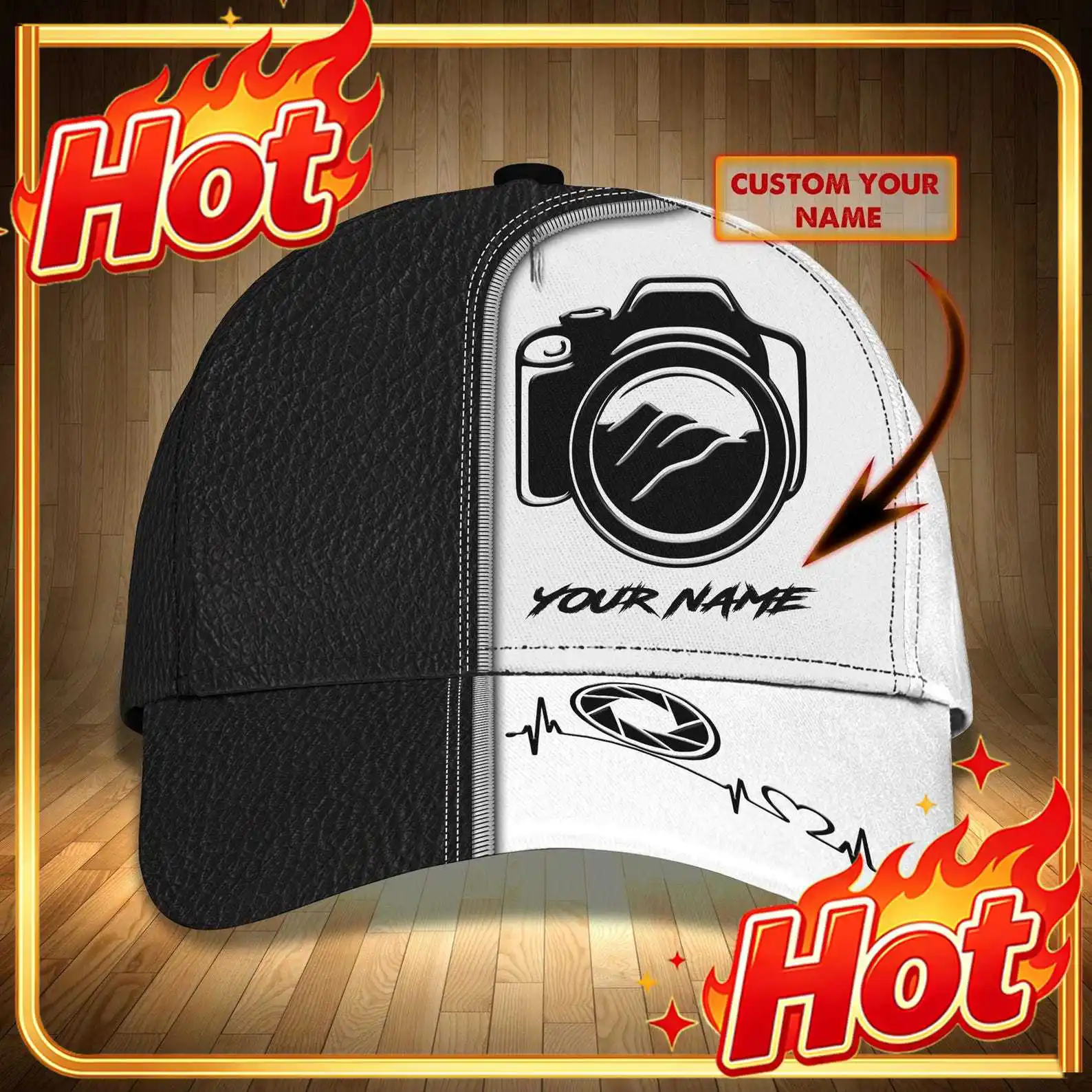 Custom Custom Camera Cap For Photographers – Personalized Black & White Leather-Look Hat With Your Name – Gift For Photo Lovers