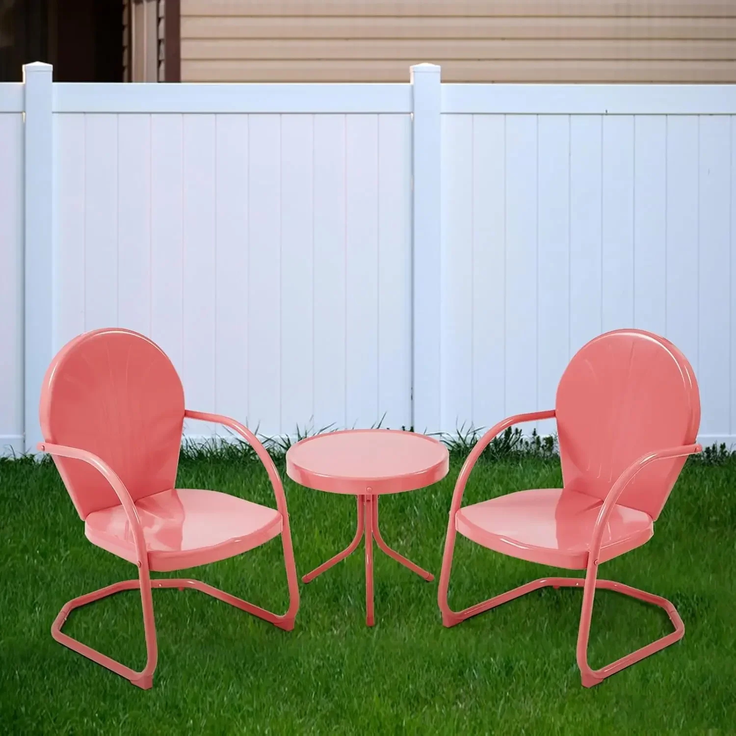 

v Piece Outdoor Retro Metal Lawn Chairs, 2 C-Spring Metal Outdoor Chairs and Round Side Table Grapefruit Red