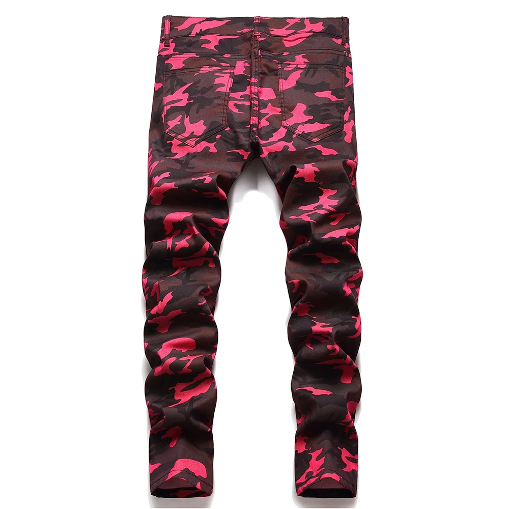 Men Camouflage Jeans Rose Red Contrast Color Pants Streetwear Cotton Denim Slim Straight Stretch Trousers