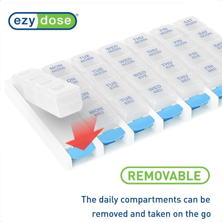 EZY DOSE Weekly 7 Day 4 Times a Day Push Button Pill Organizer and Vitamin Planner Removable Daily Pillboxes Blue Clear Lids La