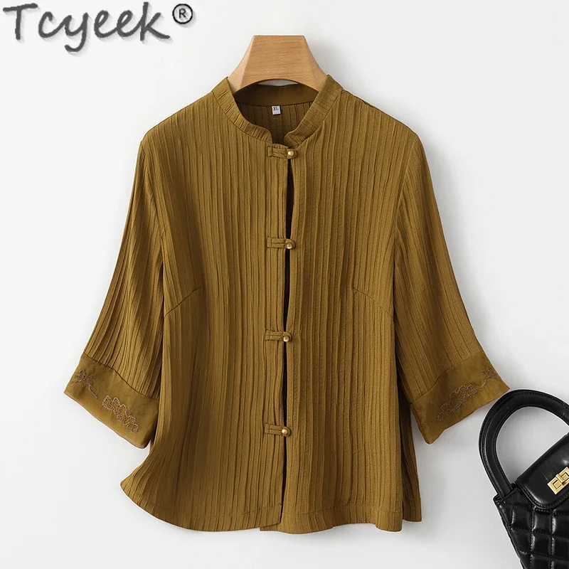 

Tcyeek 92% Mulberry Silk Shirt Elegant Shirts for Women 2024 Summer Clothes Fashion Womens Tops Short Sleeve Рубашка Женская