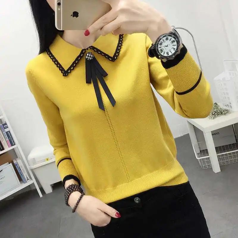 Spring Autumn Women Sweater Pullover New Fashion Doll Collar Bow Long Sleeve Knitted Sweater Women Joker Knit Tops Women Clothes