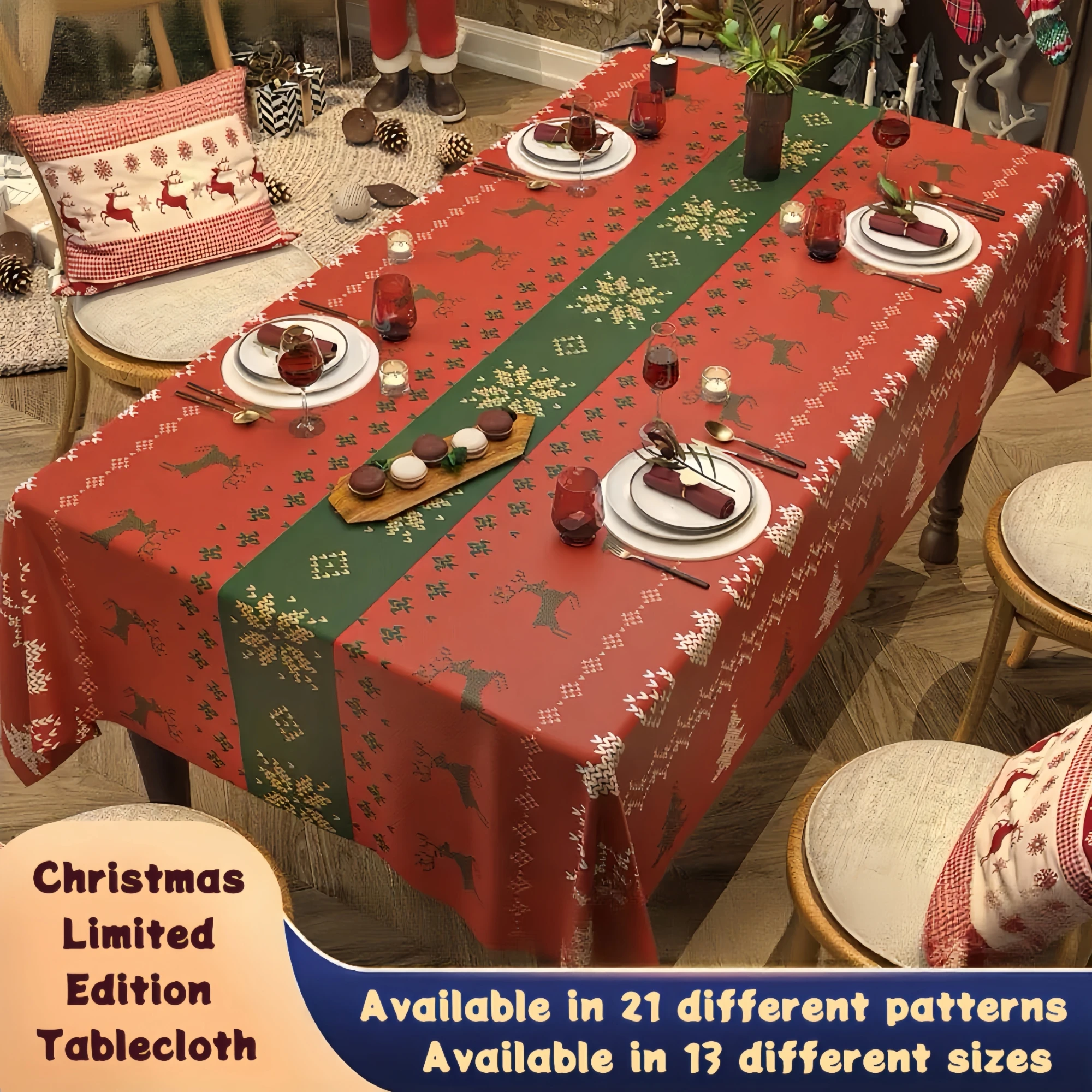 Christmas Tablecloth PVC Waterproof - Santa Snowman Reindeer Theme for Kitchen Dining Party Decor -21 Designs 12 Sizes Available