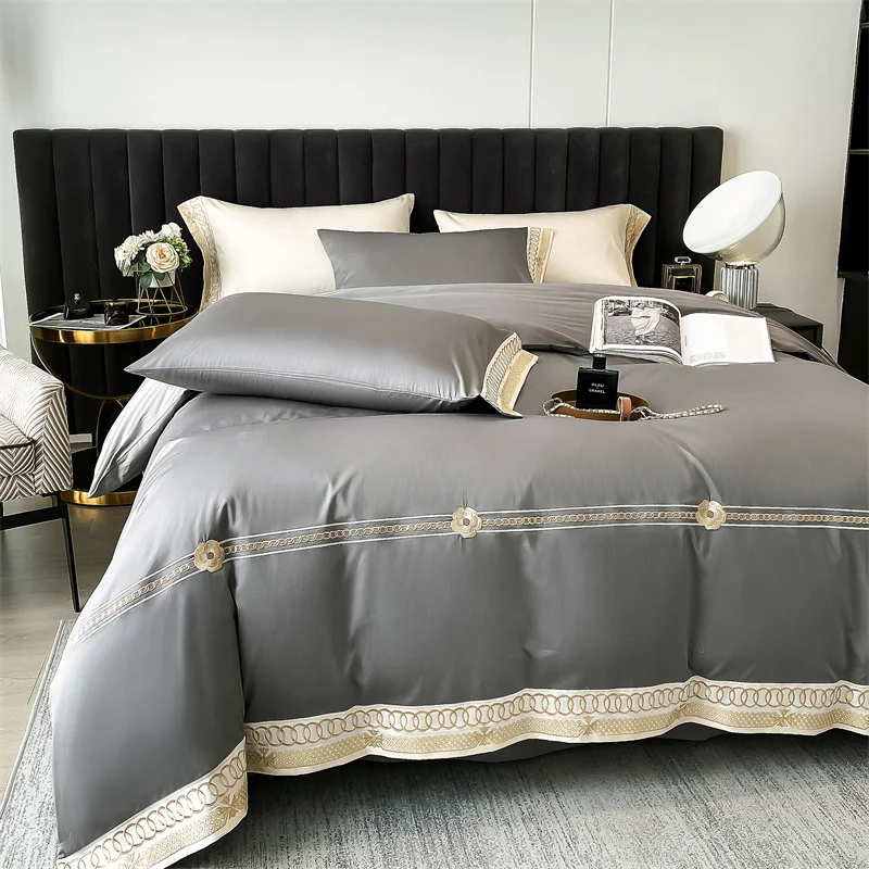 Gold Embroidery Bedding Set Luxury Grey Egyptian Cotton Duvet Cover Fitted Bed Sheet Pillowcases Solid Color Home Textile