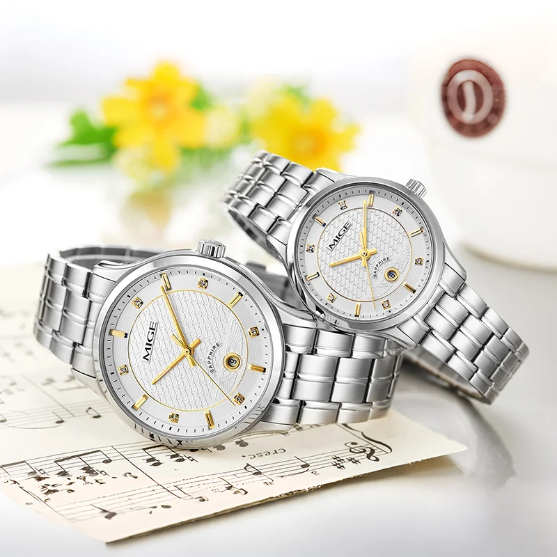 MIGE Couple Wrist Watch Set, Silver Steel Band, Textured Dial with Rhinestones, Date Function Sapphire Glass Lovers Watches for