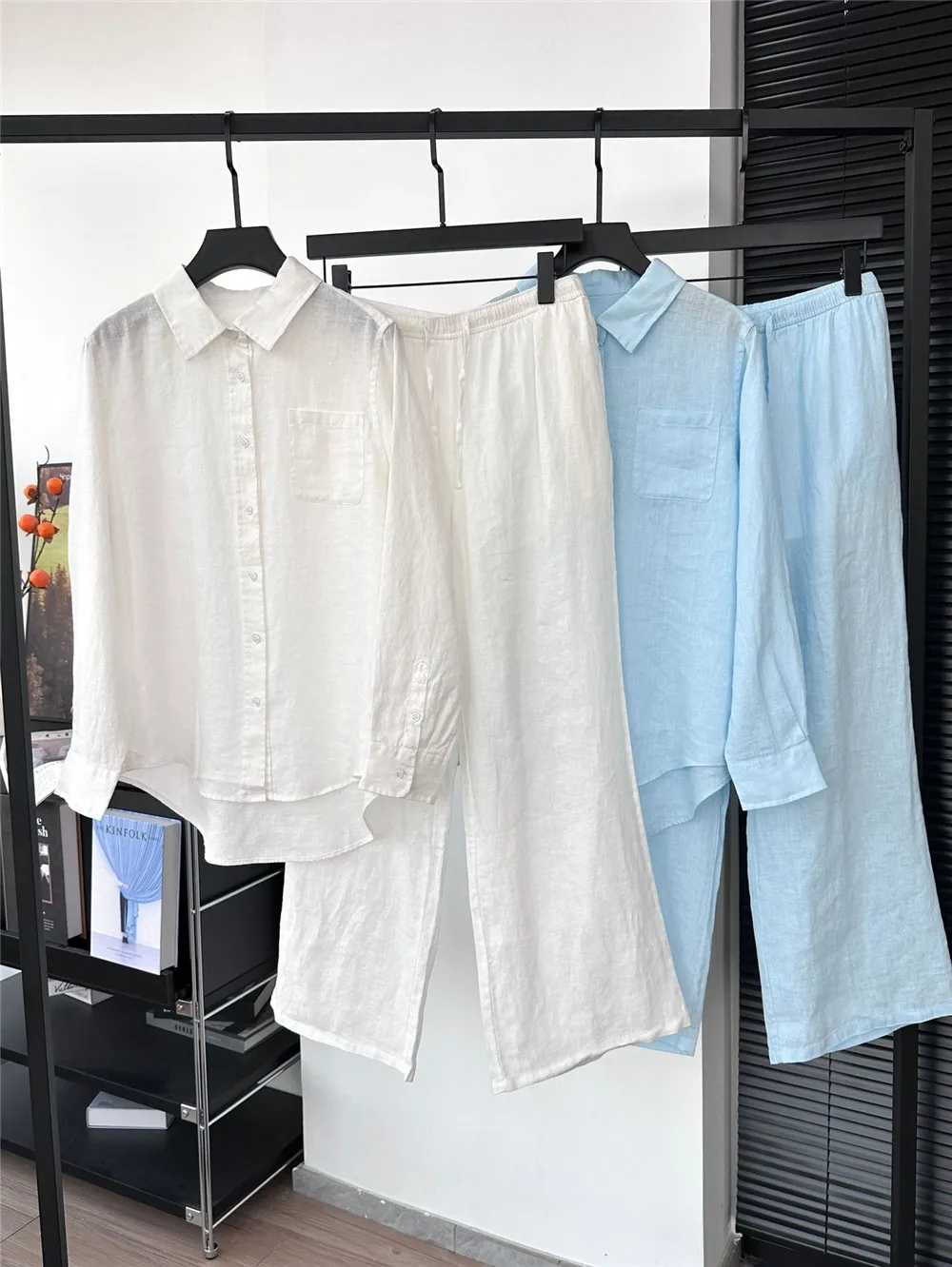 

25 Summer New Lapel Linen Solid Color Thin Long Sleeve Shirt+Casual Wide Leg Pants Set for Women
