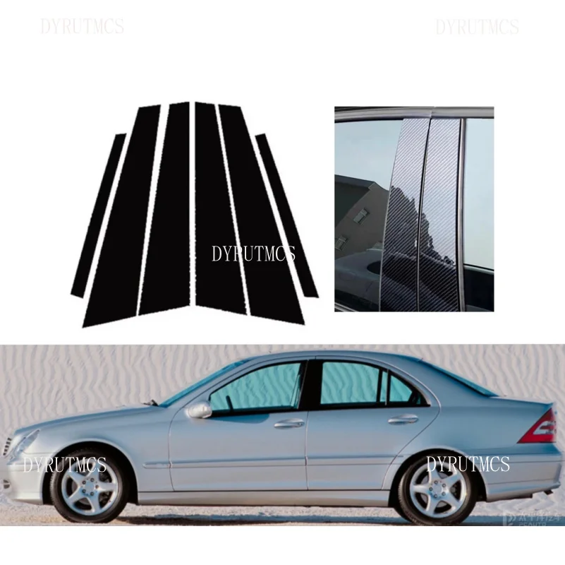 

6PCS Carbon Glossy Black Pillar Posts Fit For Mercedes-Benz C-Class (W203) 2001 2002 -2007 Door Window Trim Sticker Cover