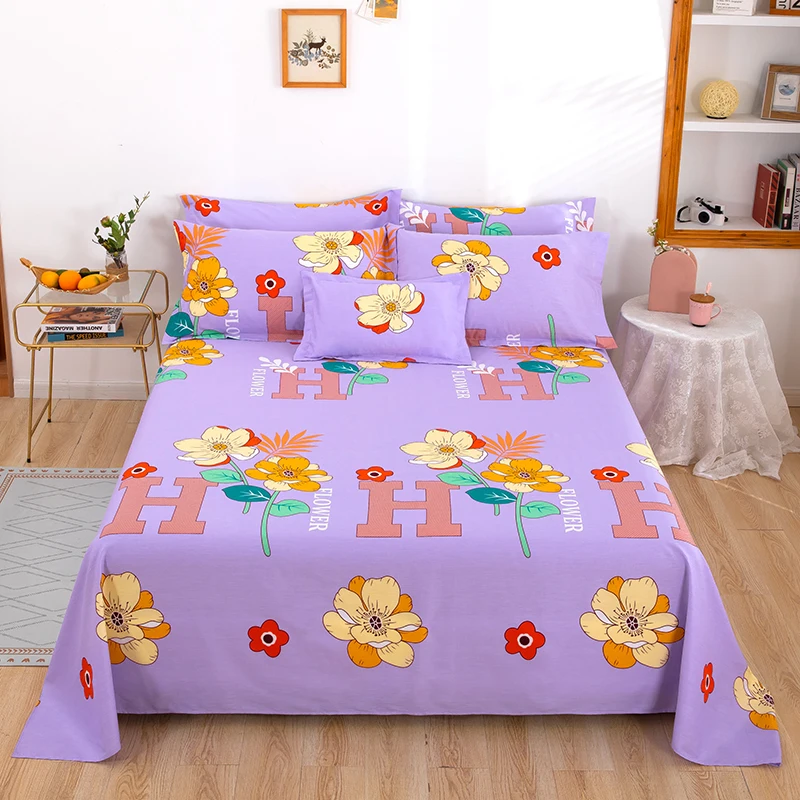 Chic Floral Flat Sheet, Soft Cotton Garden Flower Purple Bed Sheet Set Botanical Bed Cover with 2 Pillowcase for Women Girl Room