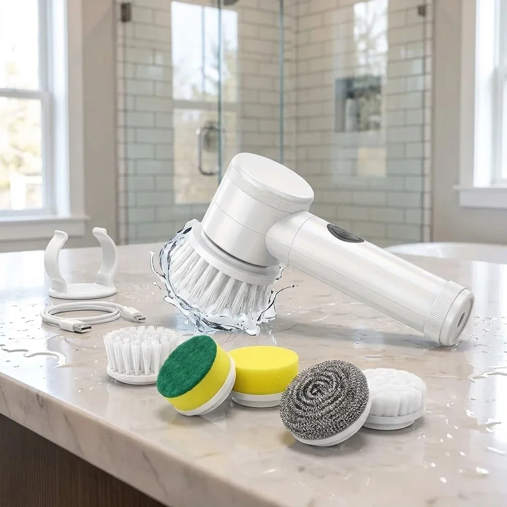 Cordless Electric Spin Scrubber with 5 Replaceable Brush Heads Rechargeable Waterproof Power Cleaning Brush Multi-purpose Deep C