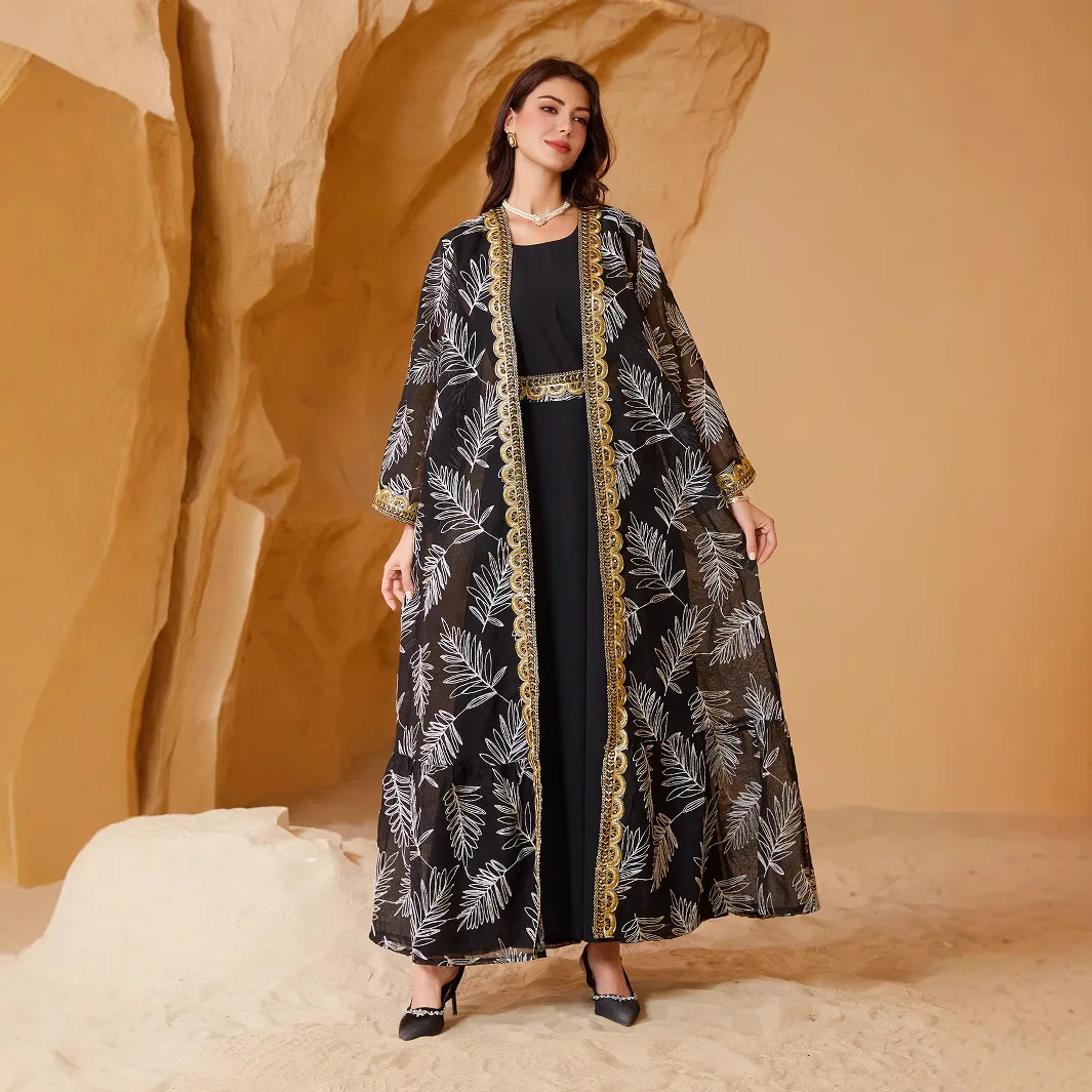 

Летние мусульманские платья-абайи: новый модный комплект из 2 предметов, черно-золотой, элегантный, роскошный, свободный крой, с вышивкой, длинный рукав, для повседневной носки.