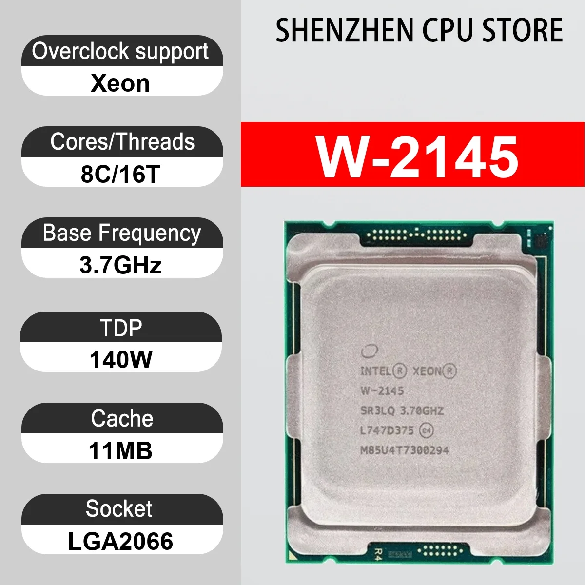 Intel Xeon W-2145 8 Core 16 Thread 3.7GHz 140W 11MB Cache 14nm LGA2066 SR3LQ DDR4 1600/1866/2133/2400/2666 MHz Skylake-W