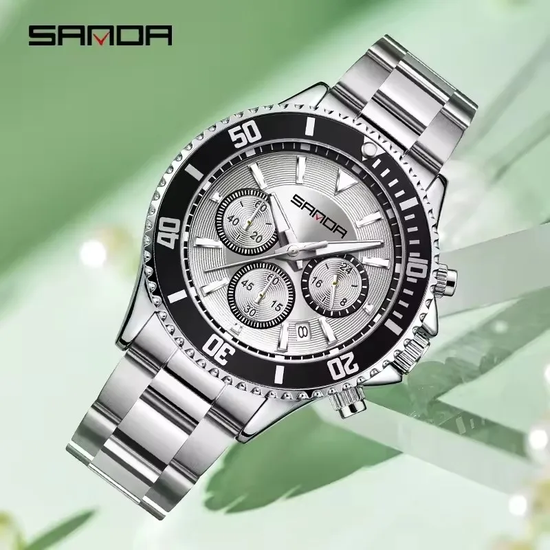 SANDA 9102 ساعة كوارتز نسائية كلاسيكية كرونوغراف تقويم ساعة مضيئة مقاوم للماء حزام من الفولاذ المقاوم للصدأ ساعة يد للسيدات