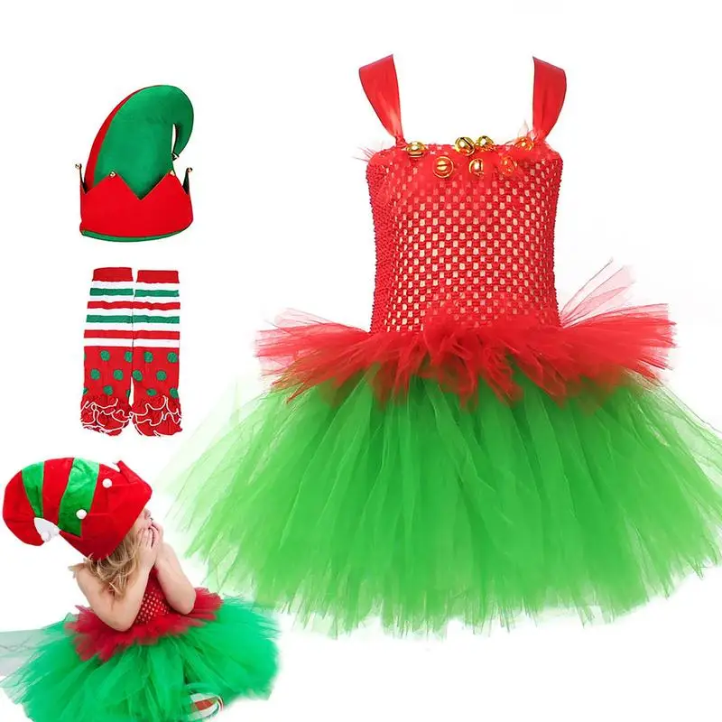 Child Holiday Elf Costume Dress With Hat And Stocks Elf Costume For Christmas Party