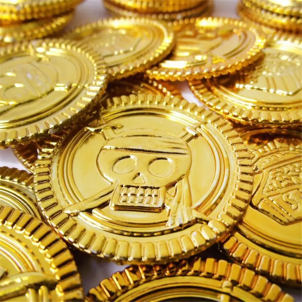 50pcs Fake Plastic Treasure Favors Skull Halloween Party Game Coin Pirate Gold Coins