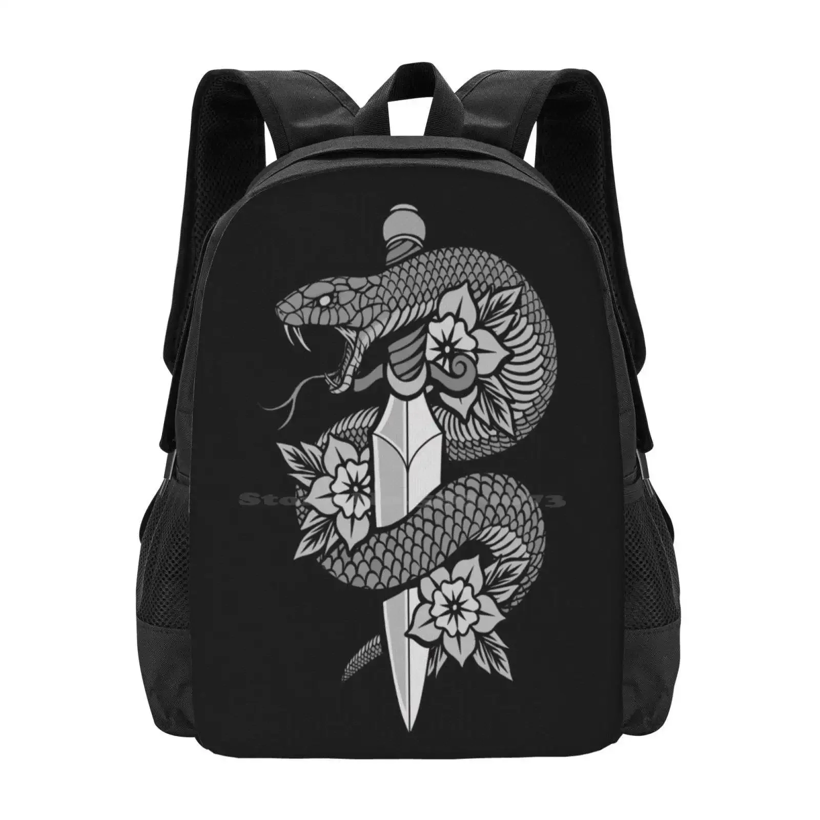 

Snake & Dagger Hot Sale Schoolbag Backpack Fashion Bags Snake Dagger Tattoo Dark Art Deniart Occult Flower Old School