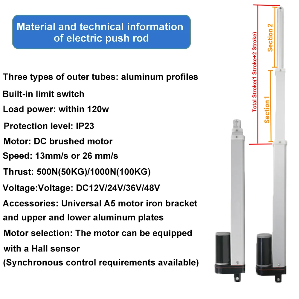 دفع قضيب رفع عالية التوجه 3-قسم المحرك الخطي 24 فولت تيار مستمر تلسكوبي دفع قضيب للحركة الترددية الصناعية الدقة