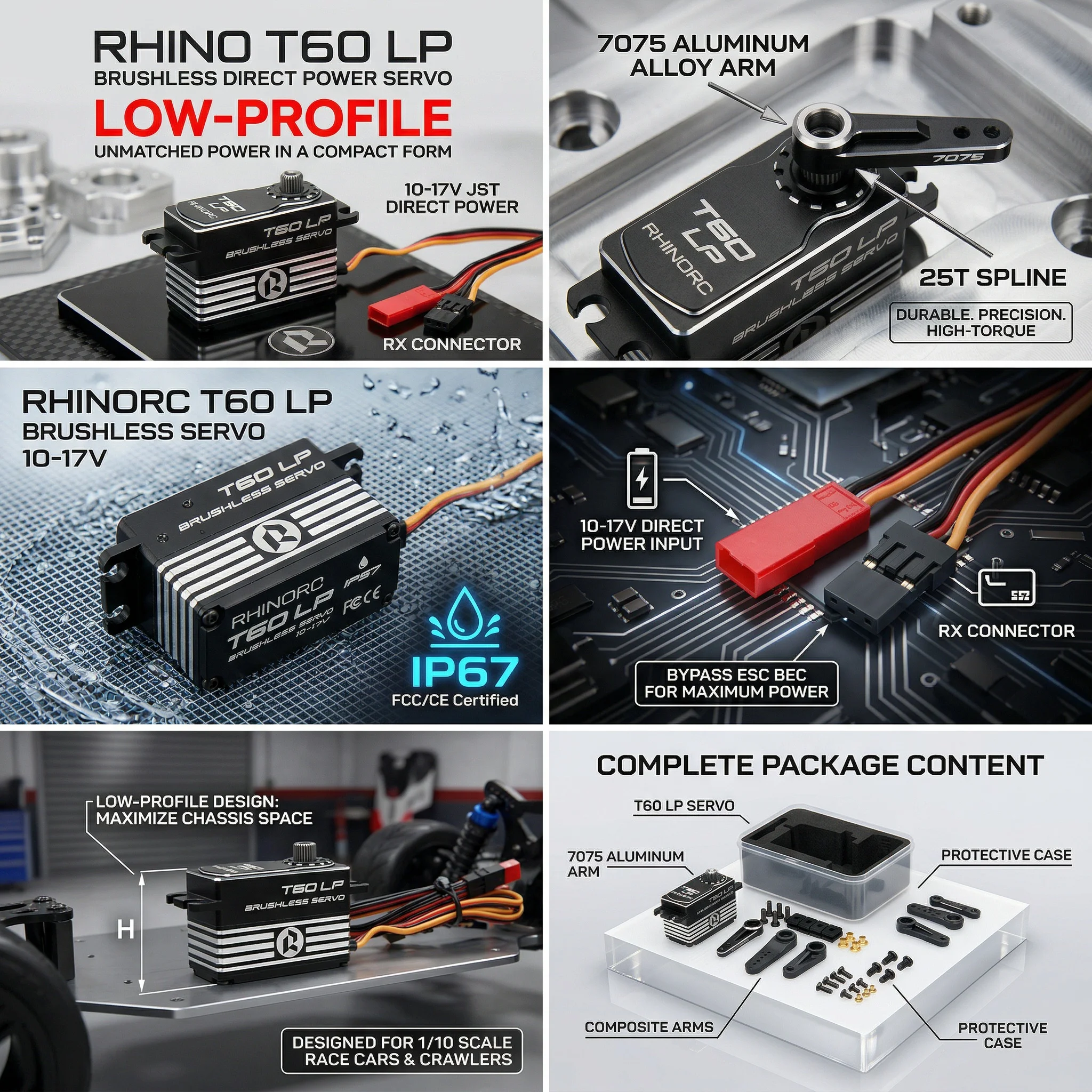 New T60LP SMART Low Profile 17V 66KG Brushless Direct Power Servo of RhinoRC for 1/10 & 1/8 Scale Buggies and Trucks Cars view 6
