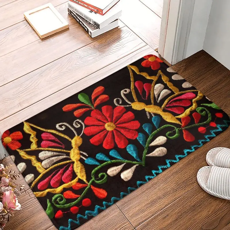 Custom Mexican Flower And Butterflies Front Door Floor Entrance Mat Outdoor Kitchen Bathroom Doormat Toilet Carpet Rug