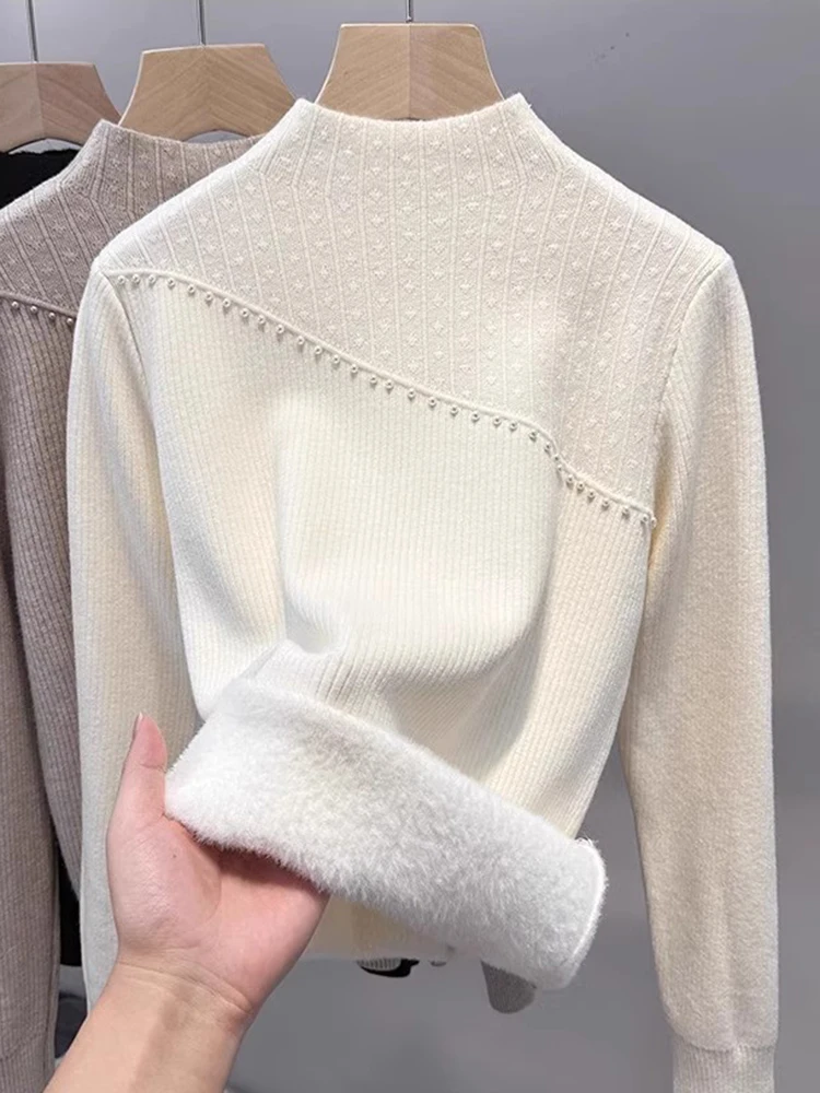 

Women's Fce Lined f High Ne Knitwear Thiened Inteated Fce Base irt Trendy Bead Embellied Autumn Winter New...