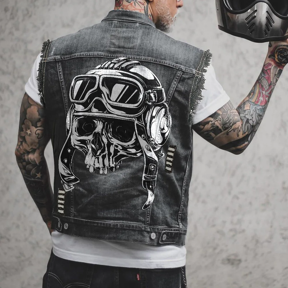 

Men's Denim Jacket Sleeveless Vest 2023 Spring And Autumn New Line Street Fashion Punk Rock Lip Bite Bullet Print Gothi