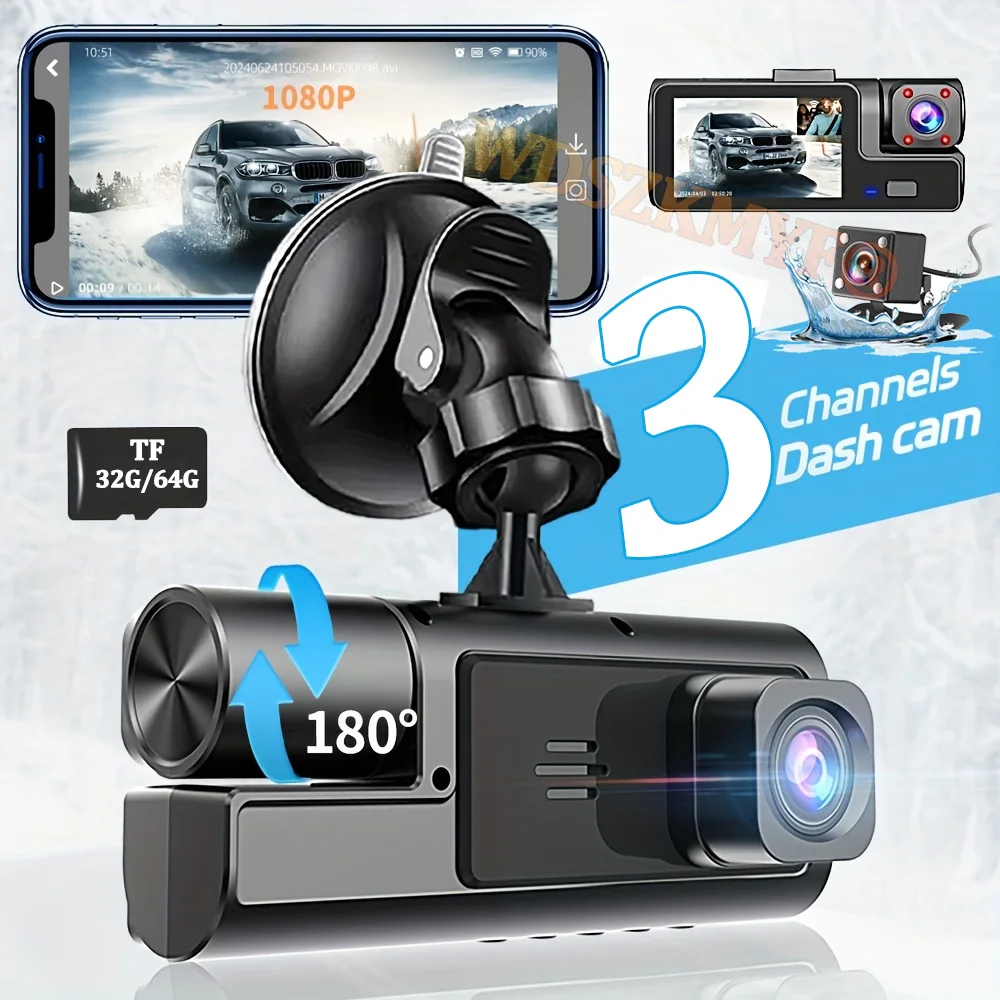 

1080P Dash Cam for Cars WIFI APP Video Recorder 3Channel Front and Rear View Camera for Vehicle Car DVR Night Vision Black box