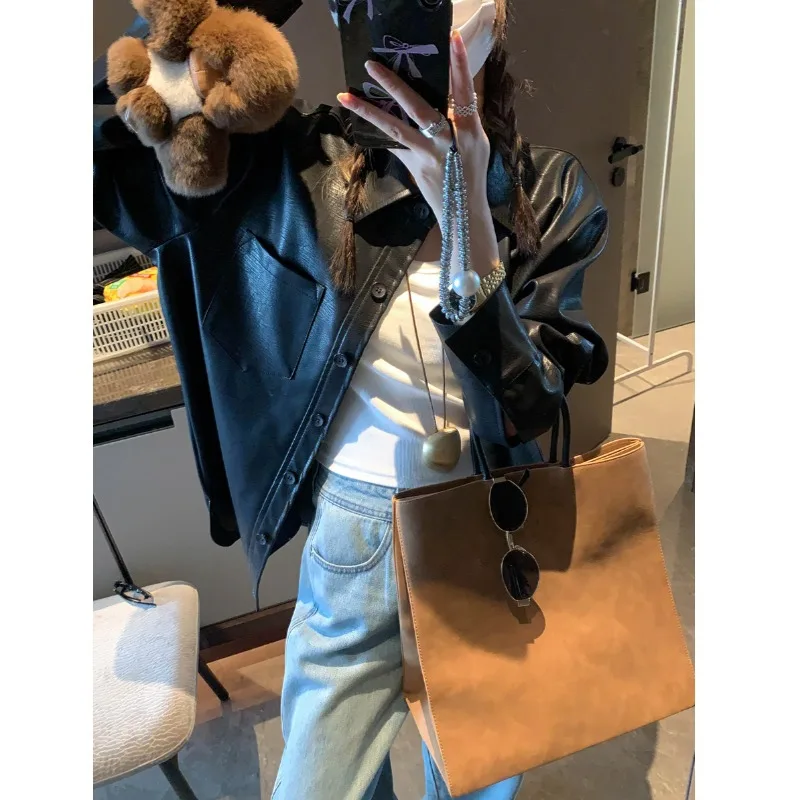 2025 Frühherbst neue alte PU-Leder-Revers lässig lose und dünne Lederjacke im amerikanischen Stil