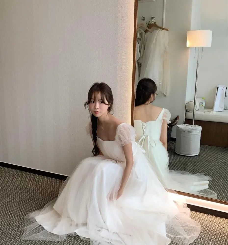 OLOEY Simple A Line Tulle Wedding Dresses Korea Photoshoot Short Sleeves Floor Length Bridal Gowns Corset Back Mariage 2024