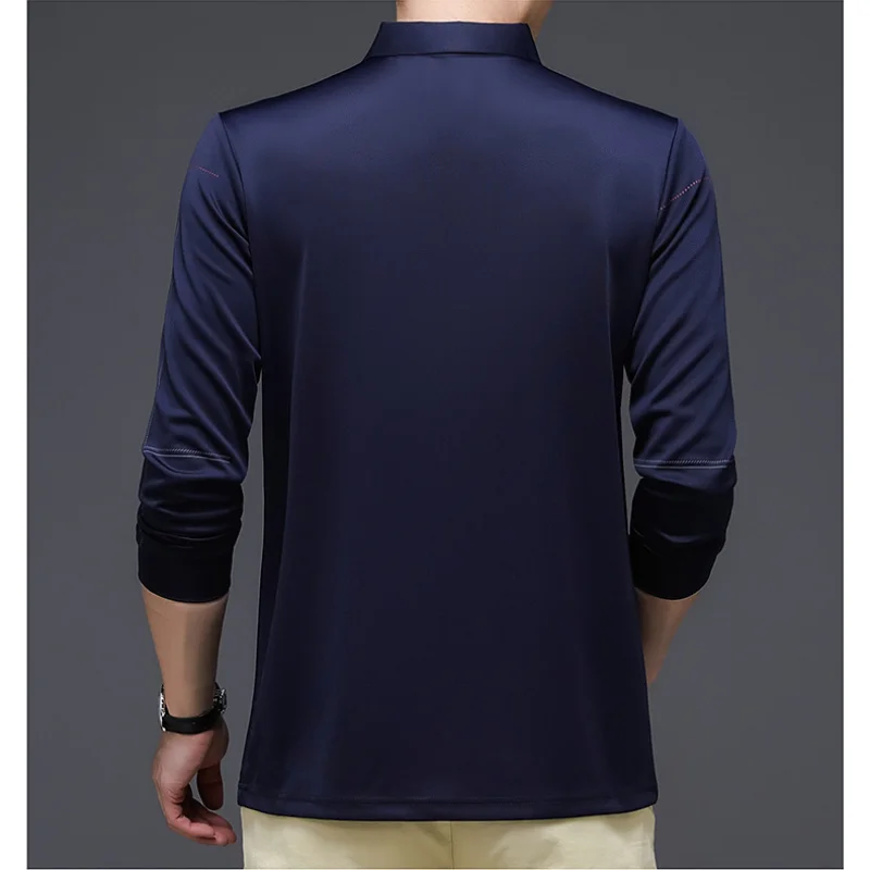 Men\'s Clothing Autumn and Winter New Fashion Lapel Trend Splice Buttons Long Sleeve Simplicity Solid Color Casual POLO Shirt