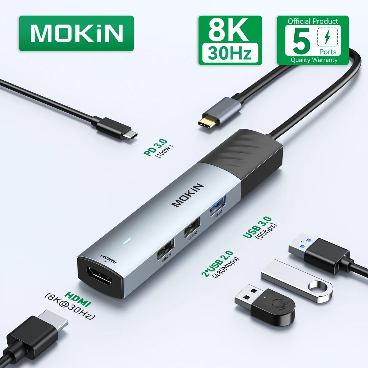 MOKiN USB Hub 5 in 1 Type-C Multiport Hub Adapter with 8K30Hz HDMI 5Gbps USB3.0 100W PD3.0 for Macbook Pro/Air Samsung HP Dell