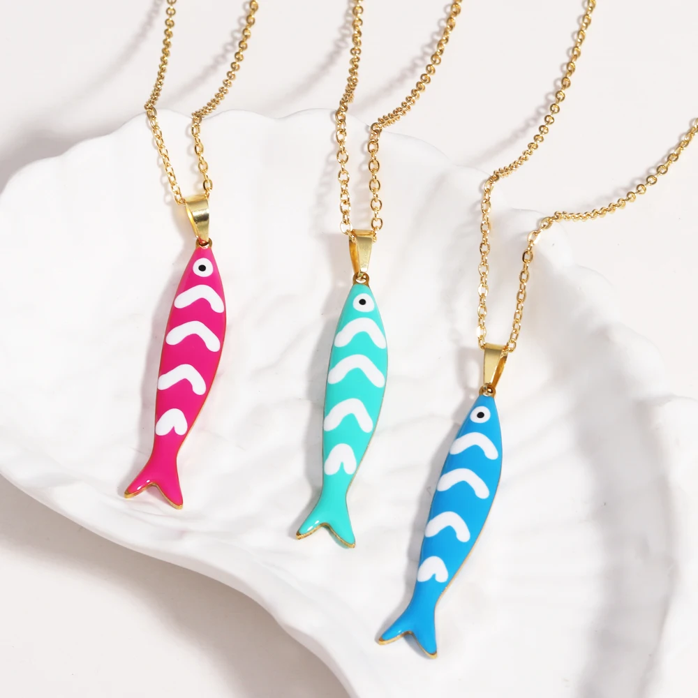 مقاوم للماء لطيف ملون المينا الأسماك قلادة القلائد للنساء الفتيات جميل الفولاذ المقاوم للصدأ الذهب اللون الصيف الشاطئ مجوهرات #4