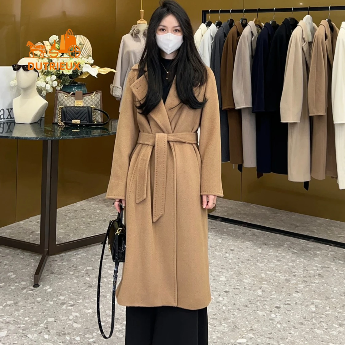 2024 Winter New Women's Cashmere Wool Coat Jacket, Fashion Designer 100% Camel Hair Long Warm Windproof Lace-up Coat for Women