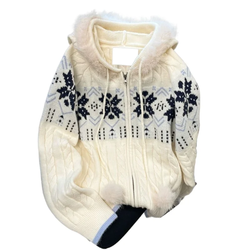 

American Style Lazy and High-end Fur Collar Hooded Women's Autumn and Winter Korean Style Fel Island Knitted Cardigan Jacket