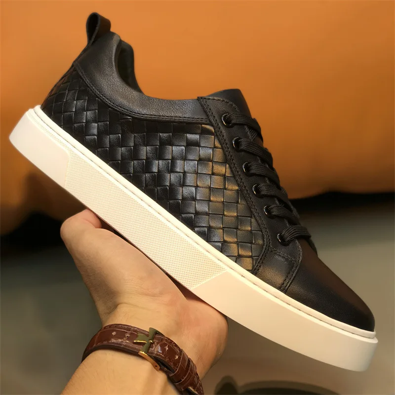 Hand-Woven Stitching Men\'s Shoes Genuine Leather Lace-Up Trendy Sneakers Men\'s Casual and Comfortable Color-Blocked Shoes