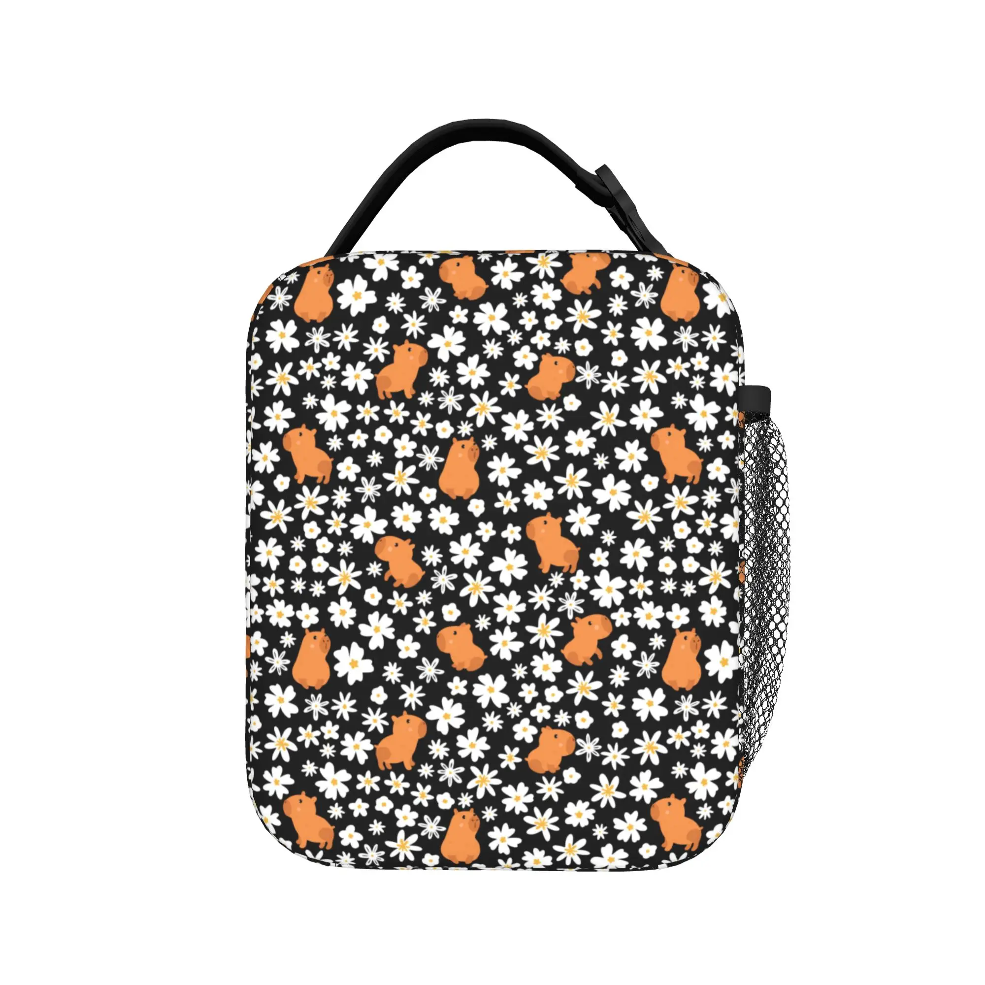 

Cute Capybaras Print With White Flowers Lunch Bag School Lunch Box For Women Retro Custom Thermal Lunch Bags Portable Cooler Bag