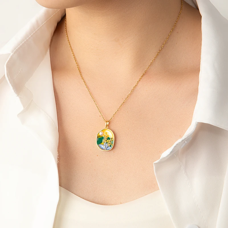 ANENJERY 316L Stainless Steel Colorful Drop Oil Flower Heart Necklace for Women Girls Vintage French Delicate Jewelry Gifts