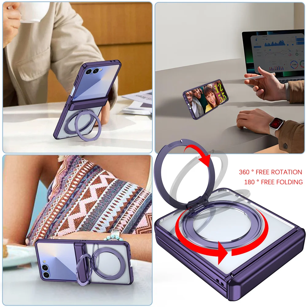 Para Magsafe soporte de anillo magnético caja de teléfono transparente con protección de bisagra para Samsung Galaxy Z Flip 7 6 5 5G cubierta