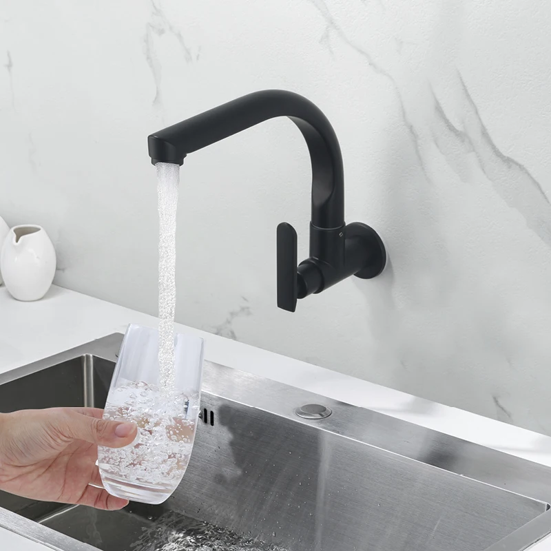 صنبور حوض المطبخ البارد المفرد المثبت على الحائط قابل للدوران 360 درجة °   صنبور حوض السفينة، صنابير المطبخ الحديثة ذات الفتحة الواحدة، أسود غير لامع #1