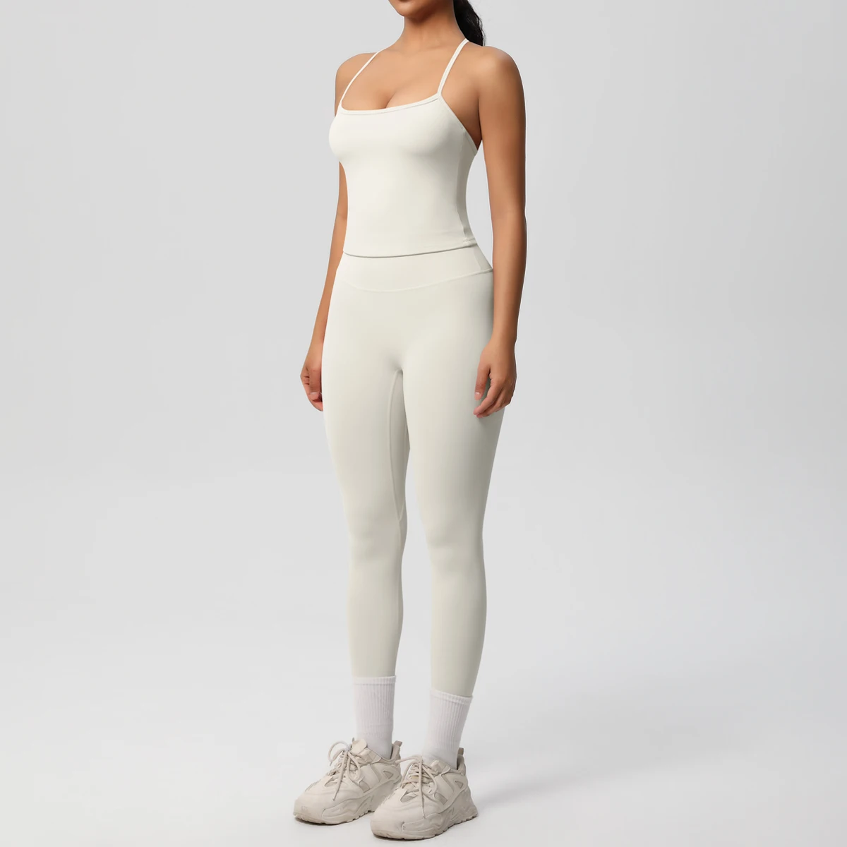 Hochelastisches, sexy, rückenfreies Yoga-Oberteil und -Hose, stoßdämpfendes Lauf-Yoga-Tanktop, einfarbige, schnell trocknende Yoga-Leggings – Detail 17