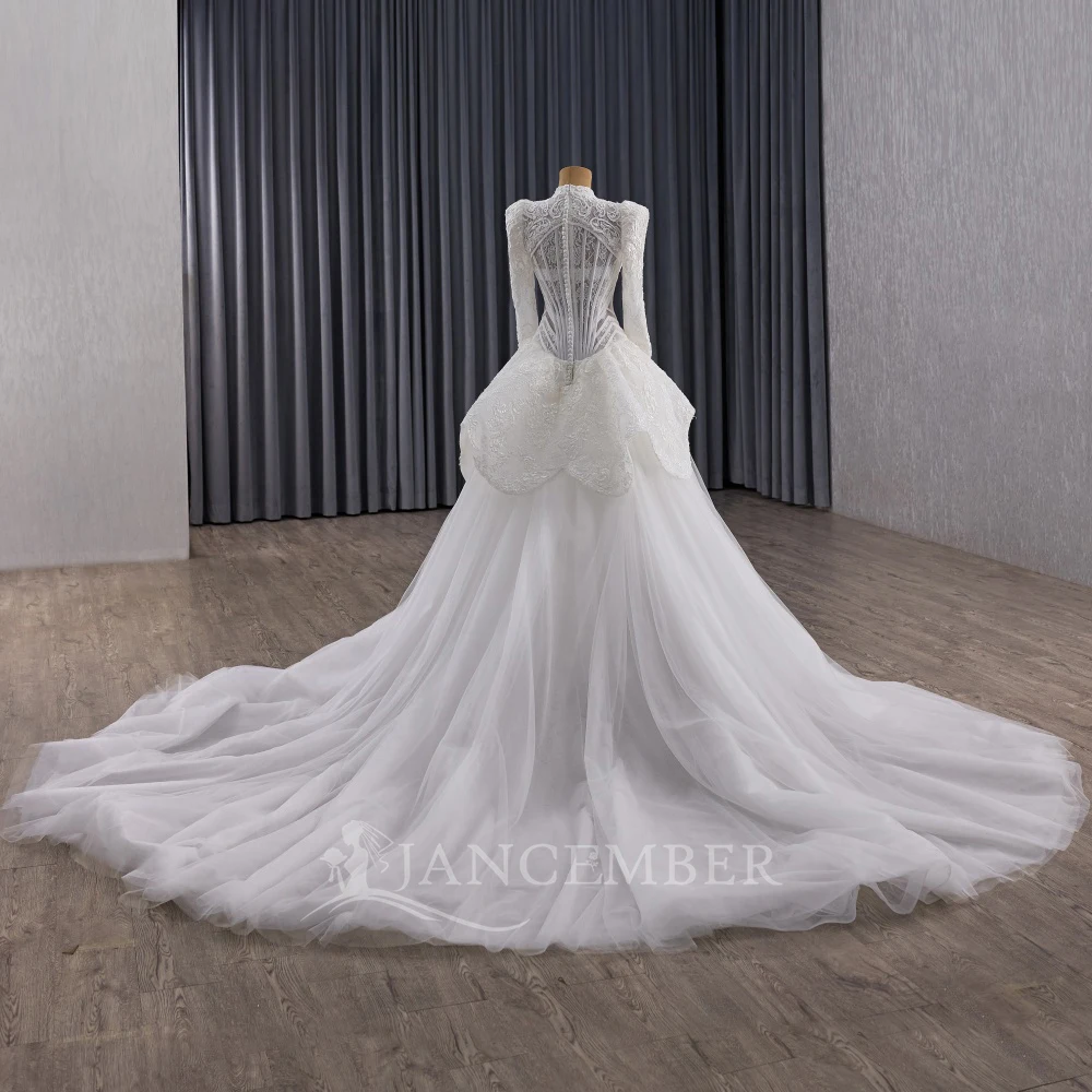 Wedding Dress Long Sleeve High Neck Zipper Back Customized Bride Dresses Court Train Rhinestones Bridal Gown vestido femininos