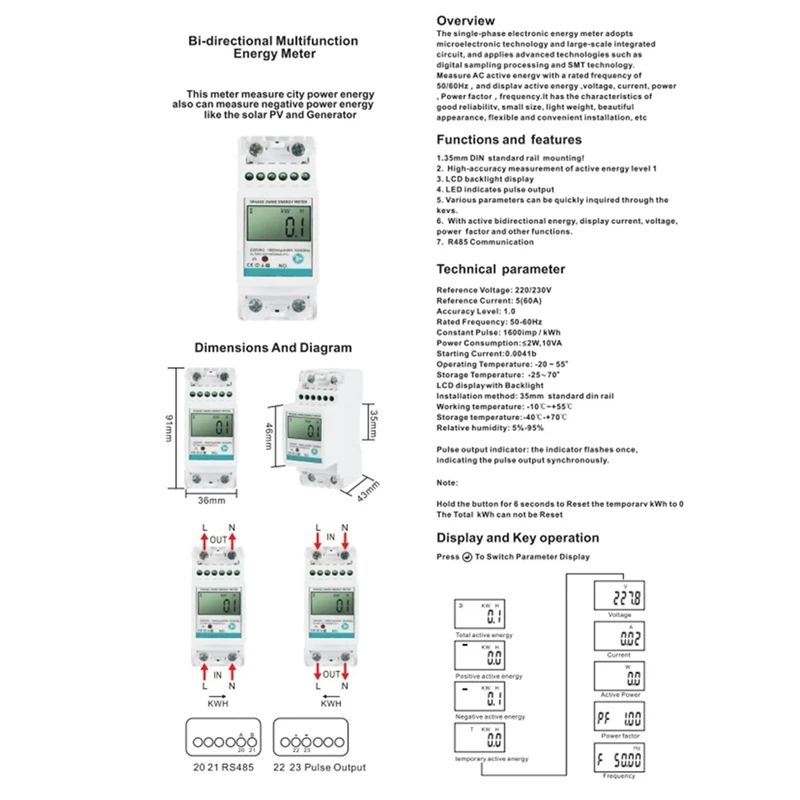 AC88-2P DIN-Rail Single-Phase Energy Meter Multifunction AC220V 5(60)A Voltage Current Power Energy Meter With RS485 Modbus