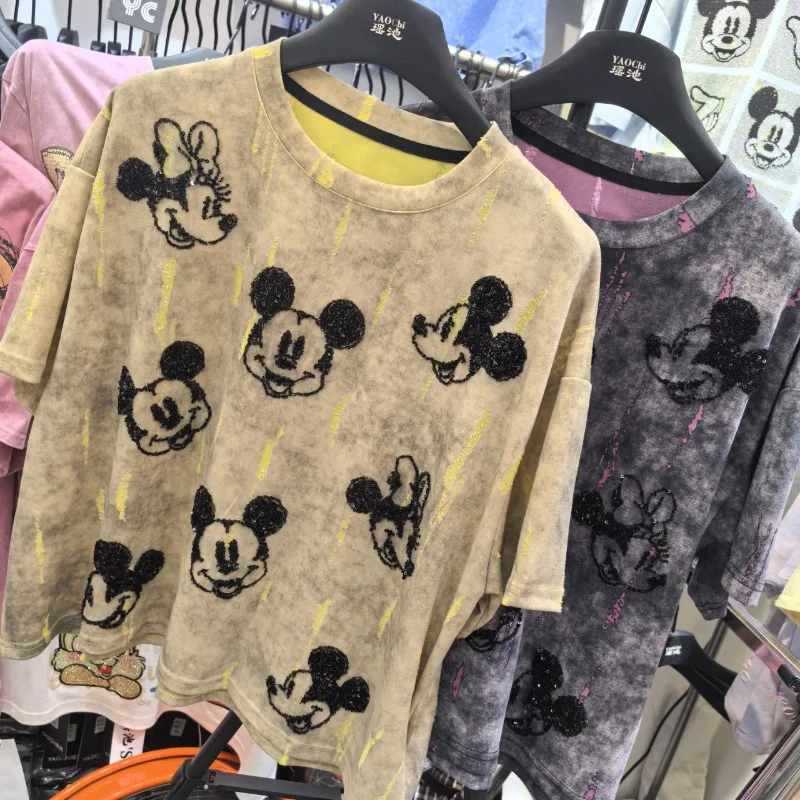 

Высокое качество, новая летняя женская одежда, футболка с рисунком Микки и бисером, старая футболка большого размера, повседневная дышащая футболка для женщин